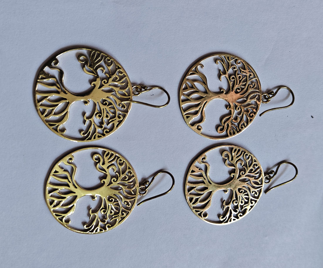 Handmade Brass Dangle Earrings 2.75 Inch | Tree Round Gold