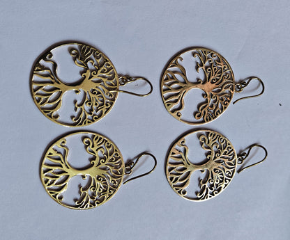 Handmade Brass Dangle Earrings 2.75 Inch | Tree Round Gold