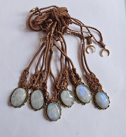 Rainbow Moonstone Brass Pendant | Macrame Chain