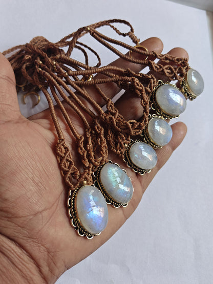 Rainbow Moonstone Brass Pendant | Macrame Chain