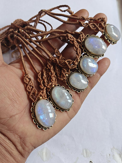 Rainbow Moonstone Brass Pendant | Macrame Chain