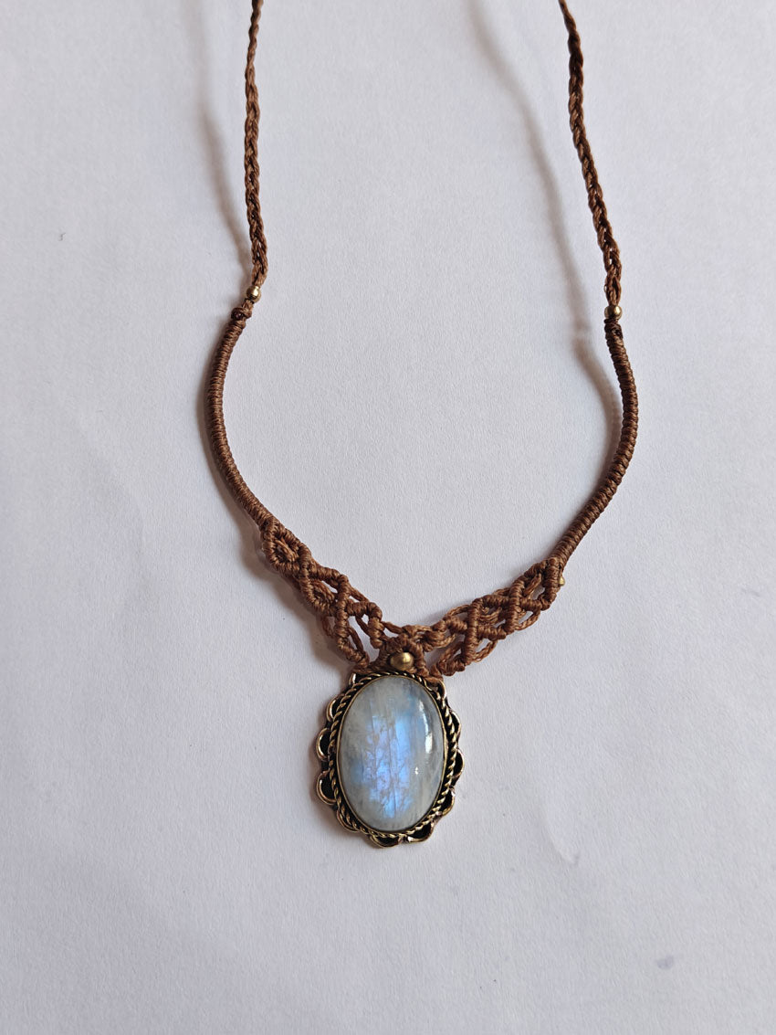 Rainbow Moonstone Brass Pendant | Macrame Chain