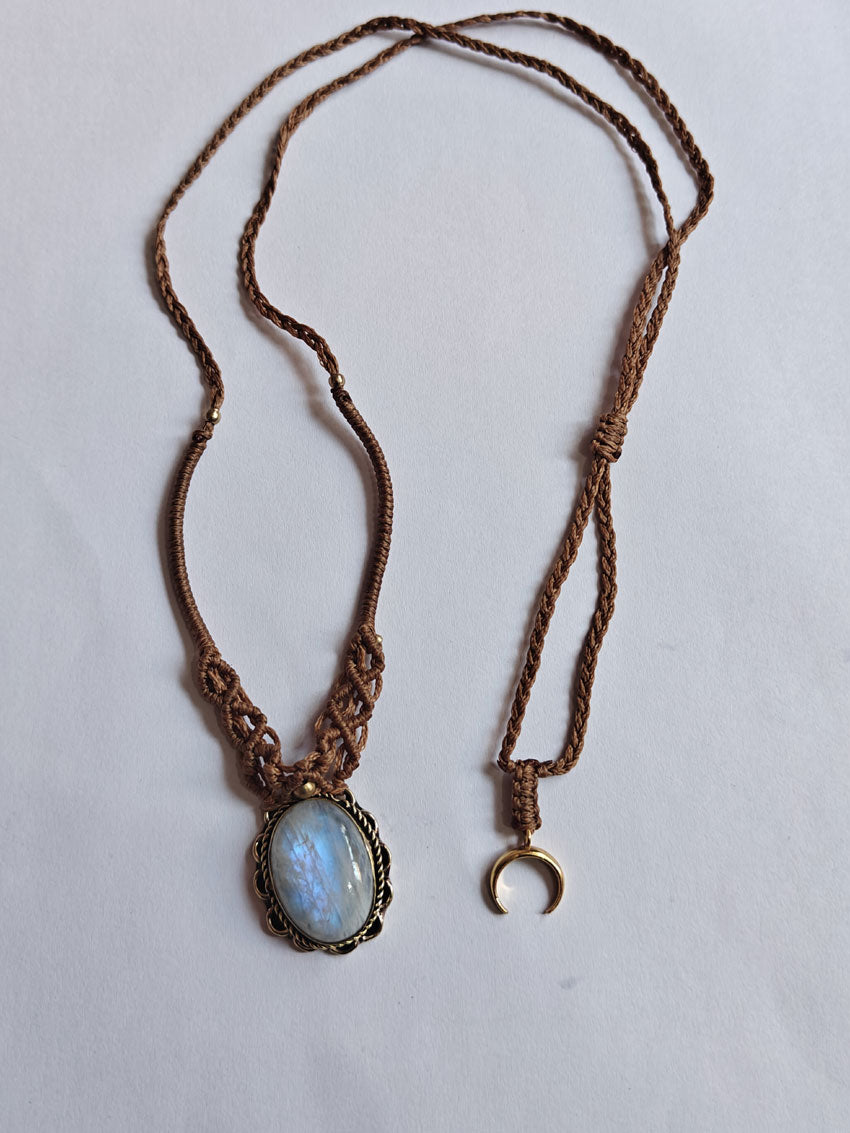 Rainbow Moonstone Brass Pendant | Macrame Chain