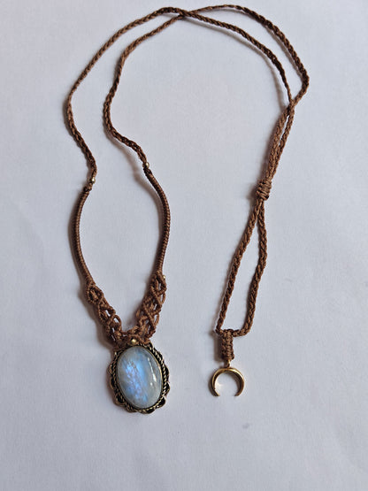Rainbow Moonstone Brass Pendant | Macrame Chain