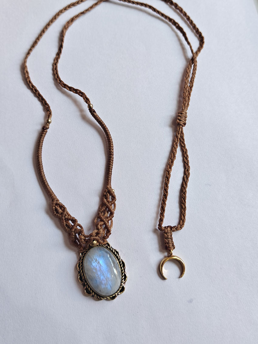 Rainbow Moonstone Brass Pendant | Macrame Chain