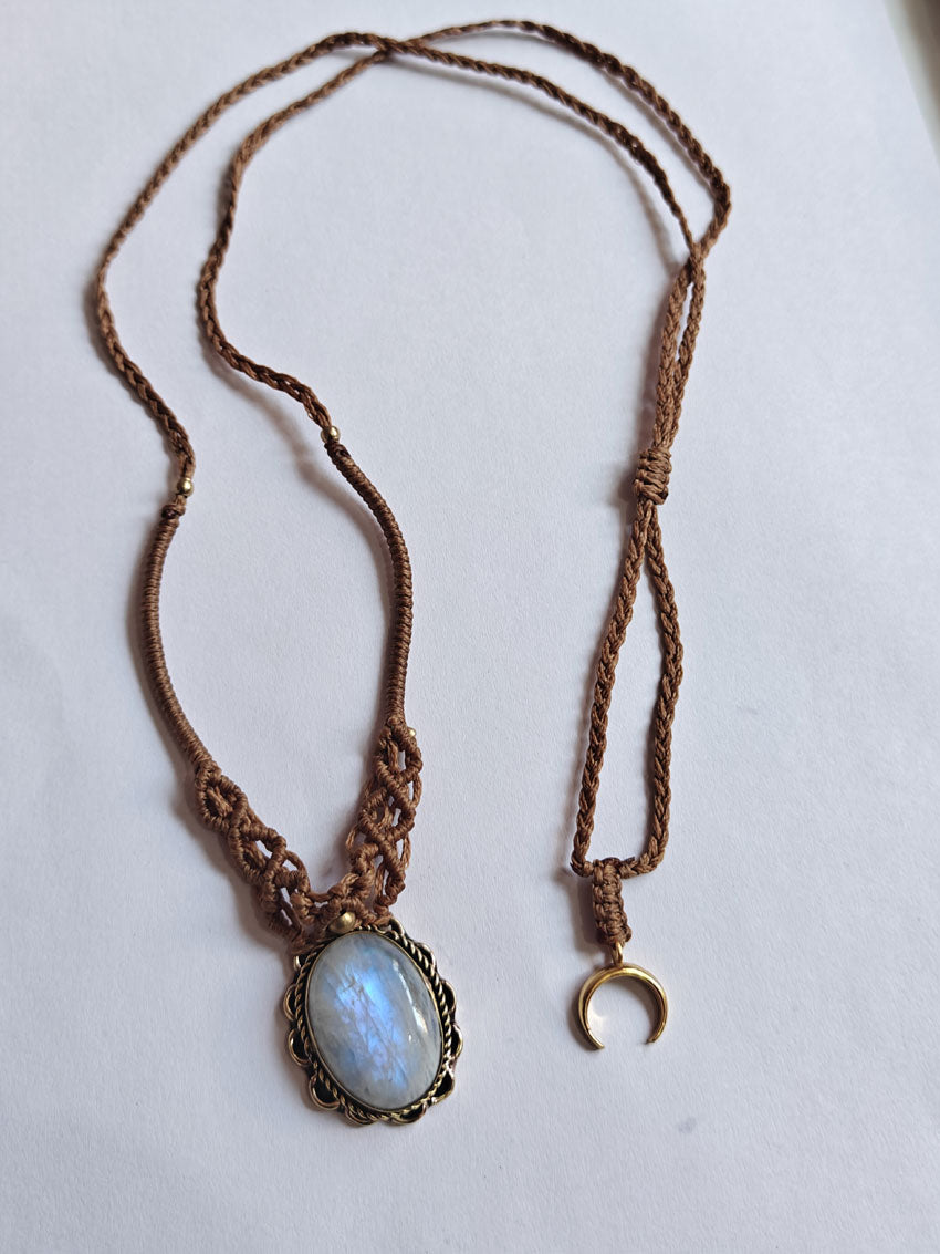Rainbow Moonstone Brass Pendant | Macrame Chain