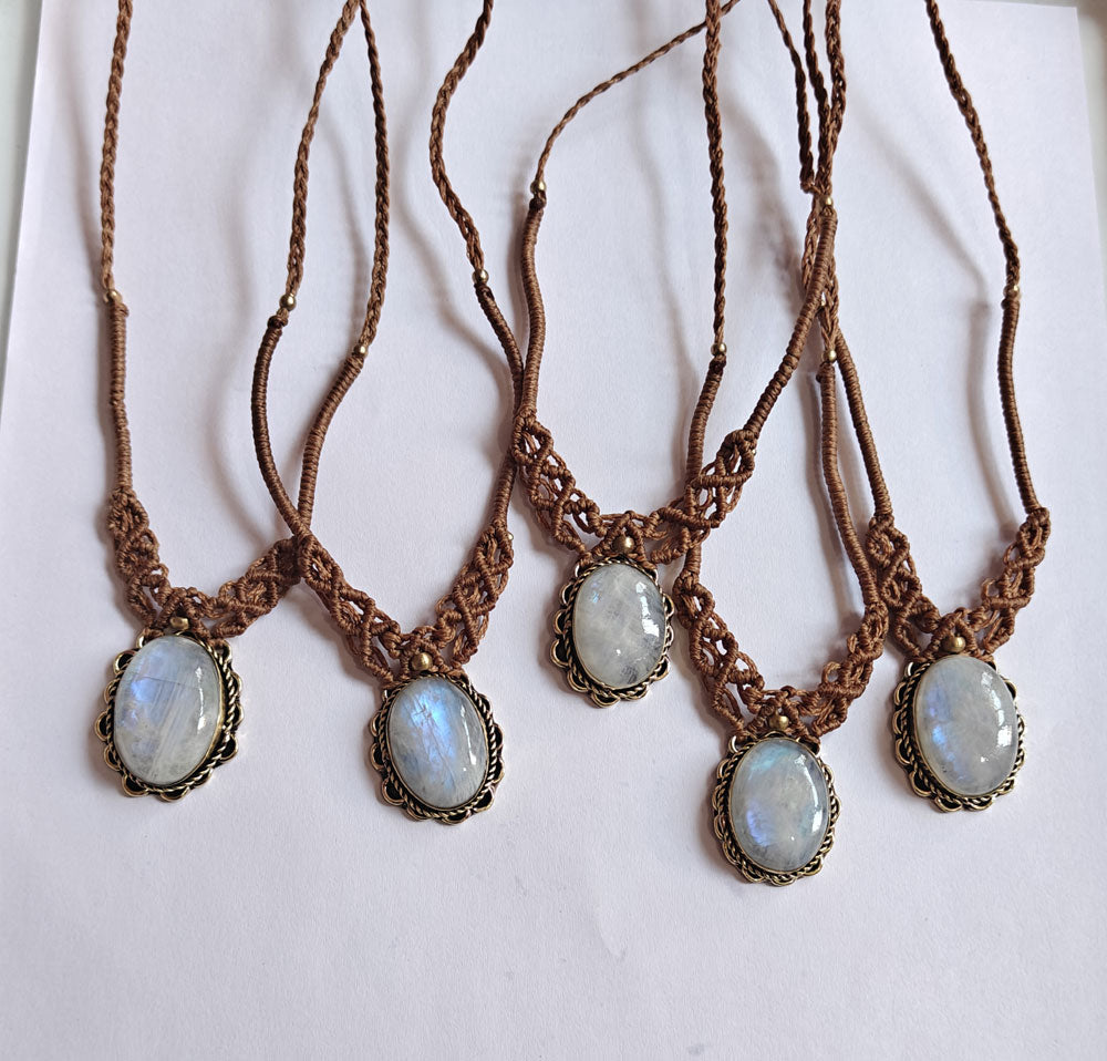Rainbow Moonstone Brass Pendant | Macrame Chain