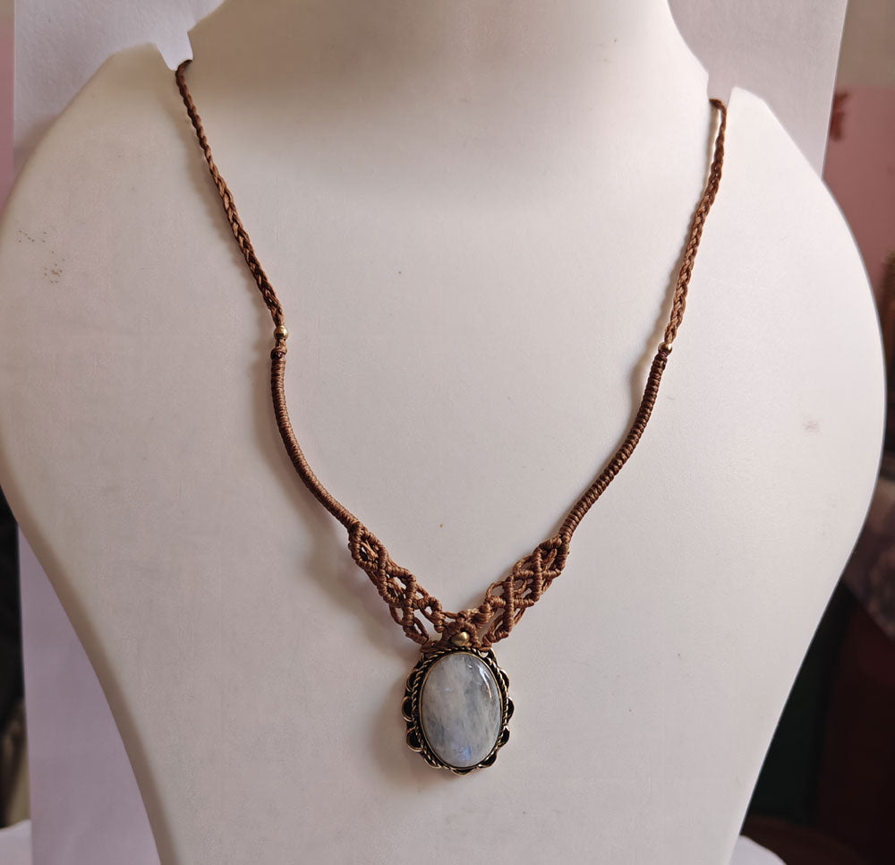 Rainbow Moonstone Brass Pendant | Macrame Chain