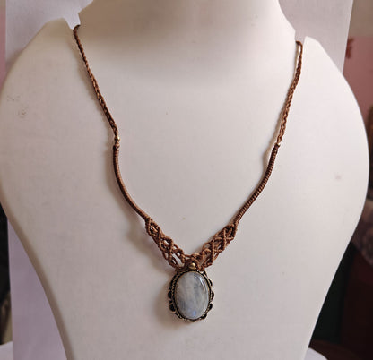 Rainbow Moonstone Brass Pendant | Macrame Chain