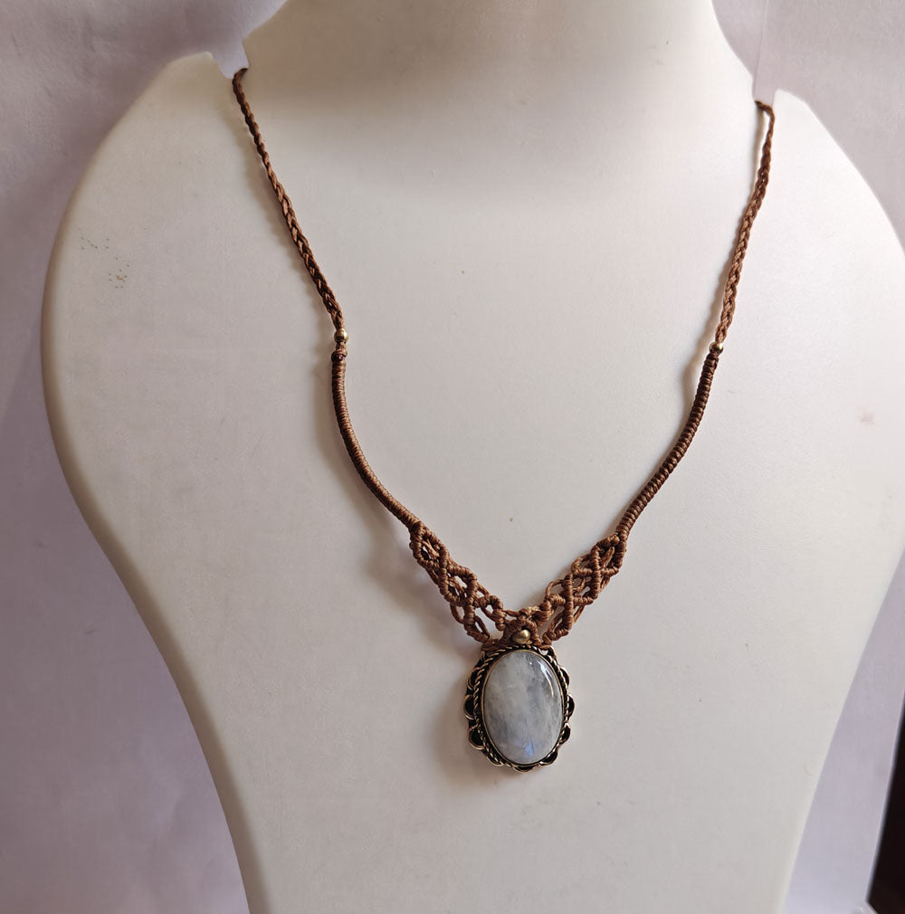 Rainbow Moonstone Brass Pendant | Macrame Chain