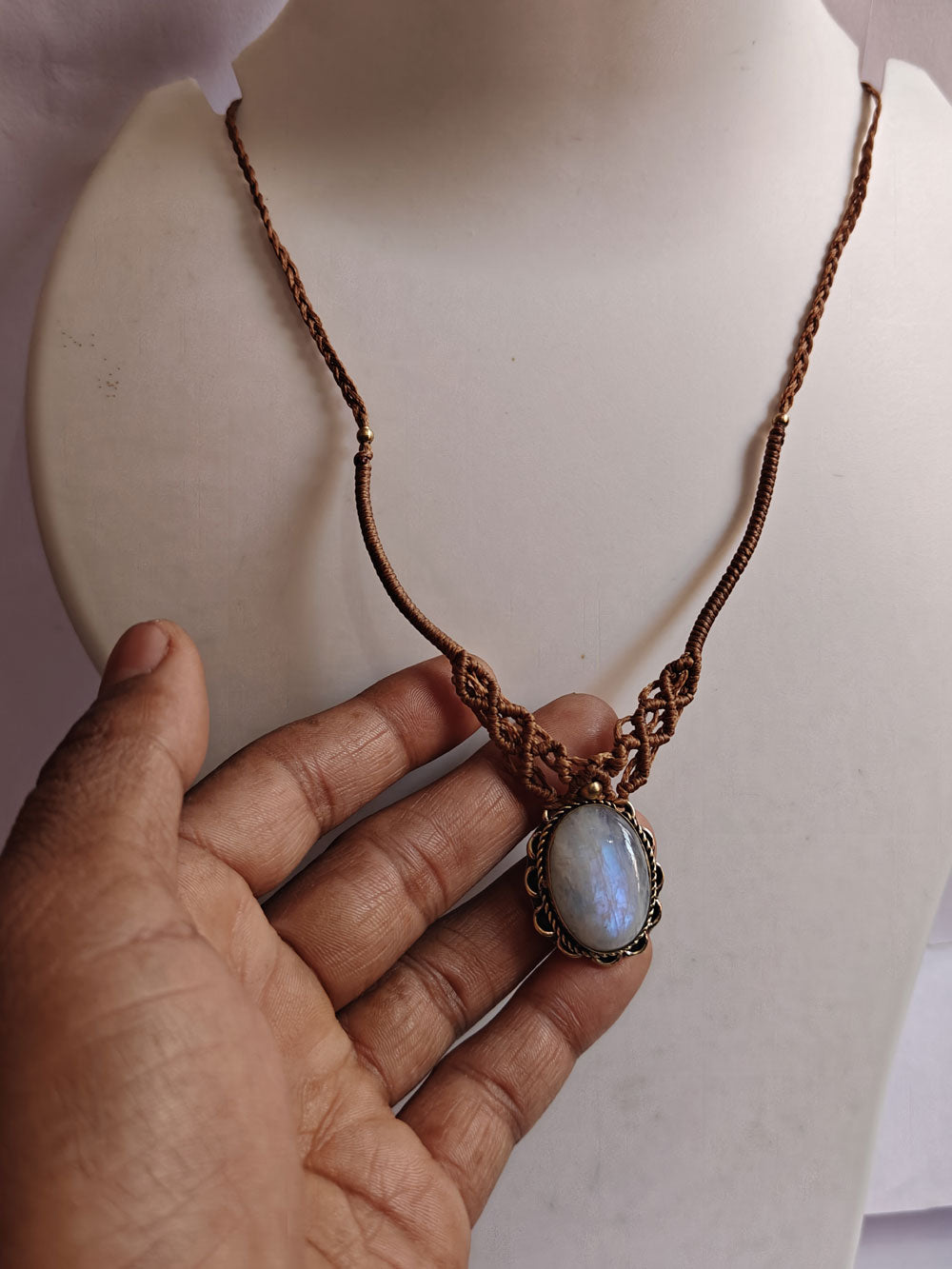 Rainbow Moonstone Brass Pendant | Macrame Chain