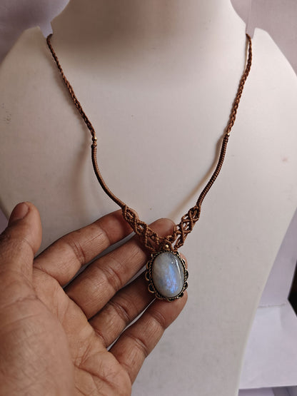 Rainbow Moonstone Brass Pendant | Macrame Chain