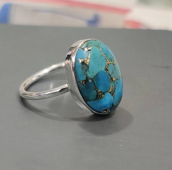 Natural Irani Turquoise 8MM Bezel 925 Sterling Silver Ring