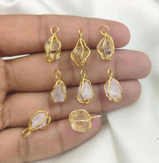 Awesome Handmade Stone 8To12MM Approx. Raw Shape Crystal Rose Quartz Gemstone Pendant Drilled Setting Metal Brass Pendant