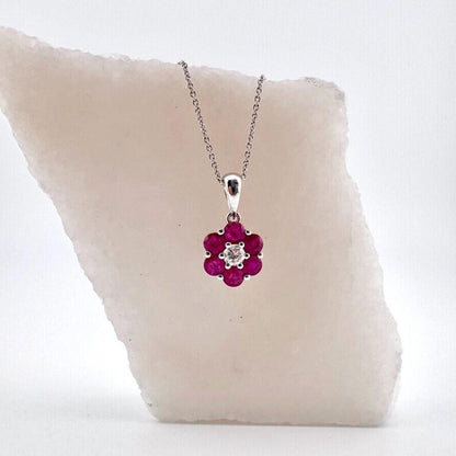 Natural Red Ruby & Diamond Flower Pendant in Solid 14k 18k Gold