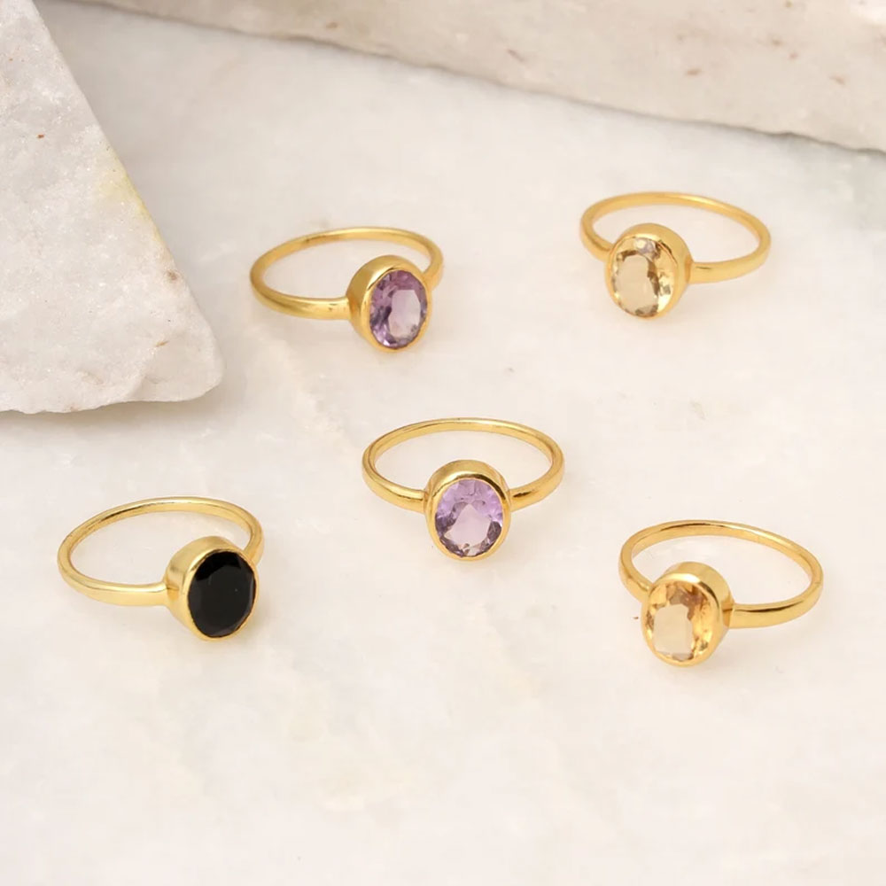 Multi Color Gemstone 8x10MM Oval Bezel 925 Sterling Silver Ring