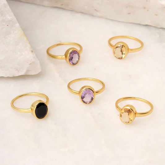 Multi Color Gemstone 8x10MM Oval Bezel 925 Sterling Silver Ring