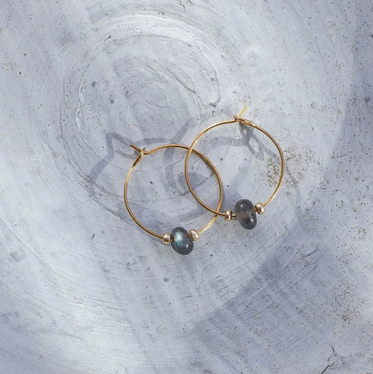 Brass Hoop Earrings with Labradorite | Round Gemstone