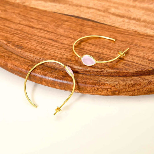 Brass Hoop Pair Earring with Rose Quartz Gemstone