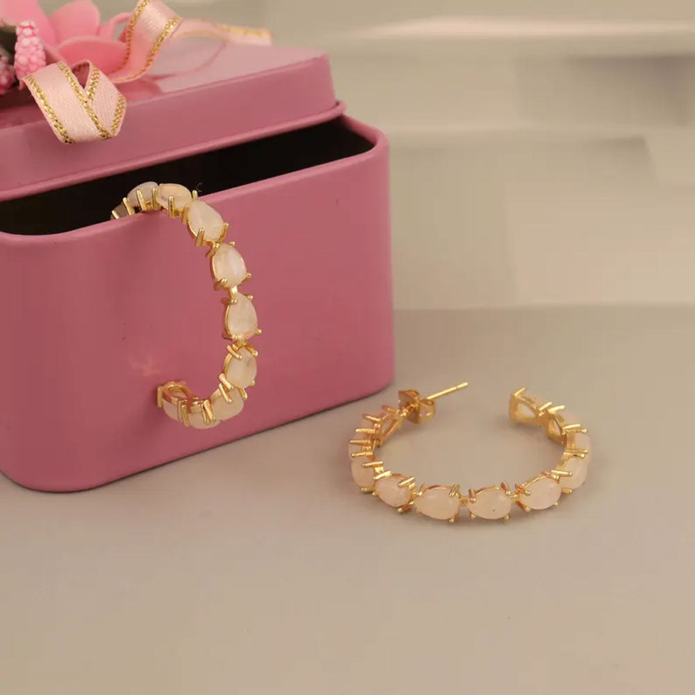 Brass Hoop Earrings with Rose Quartz | Square Gemstone