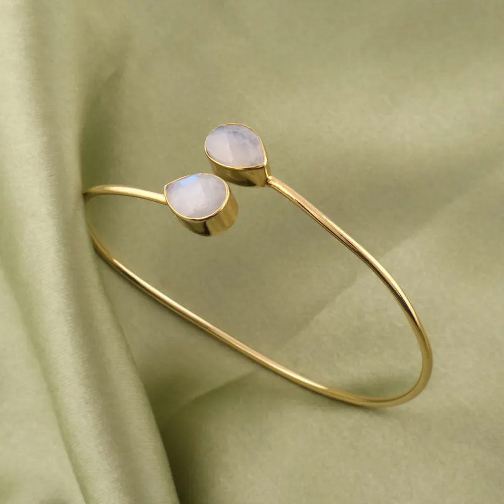 Adjustable Brass Rose Quartz Bangle | Pear Bezel Set