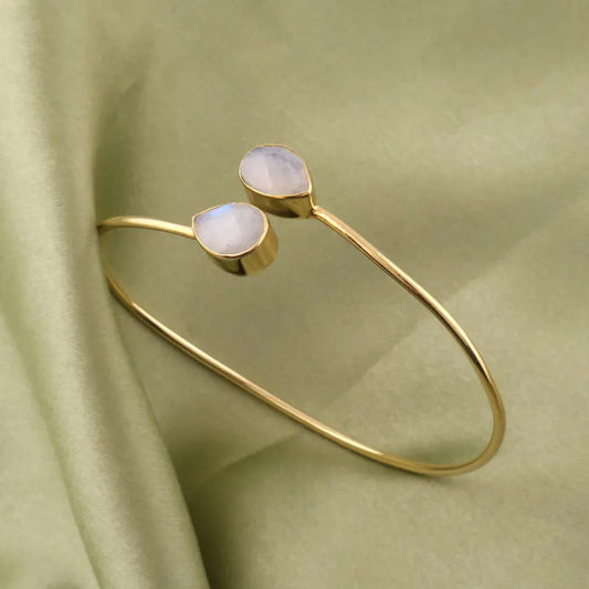Adjustable Brass Rose Quartz Bangle | Pear Bezel Set