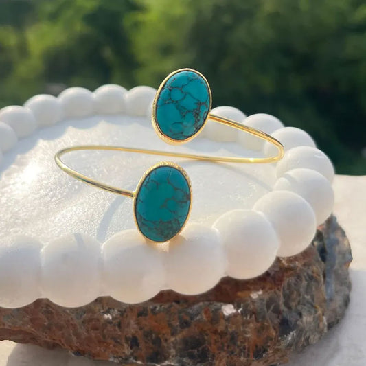 Handmade Adjustable Brass Bangle with Oval Gemstone