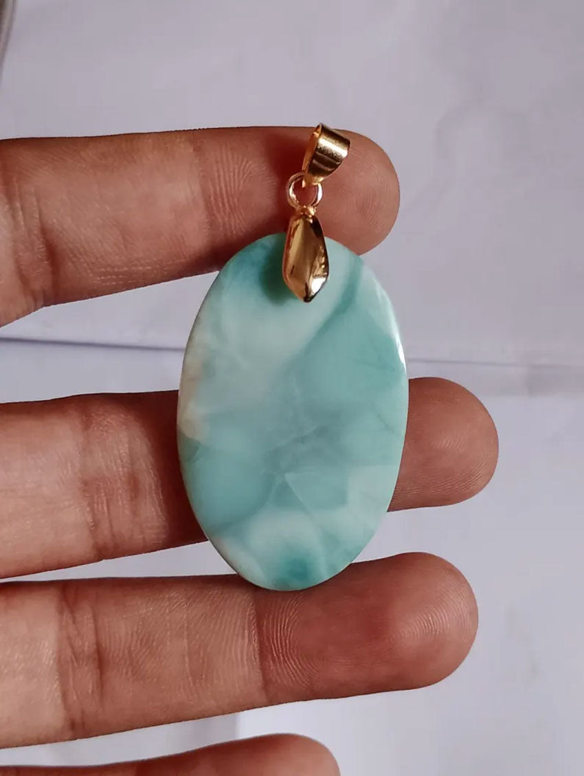 Handmade Natural Larimar Gemstone Brass Pendant