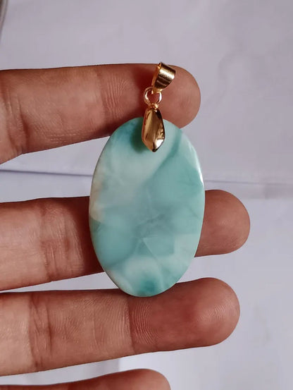 Handmade Natural Larimar Gemstone Brass Pendant