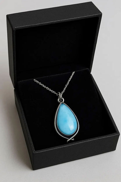 Natural Larimar Gemstone Brass Necklace Pear Shape