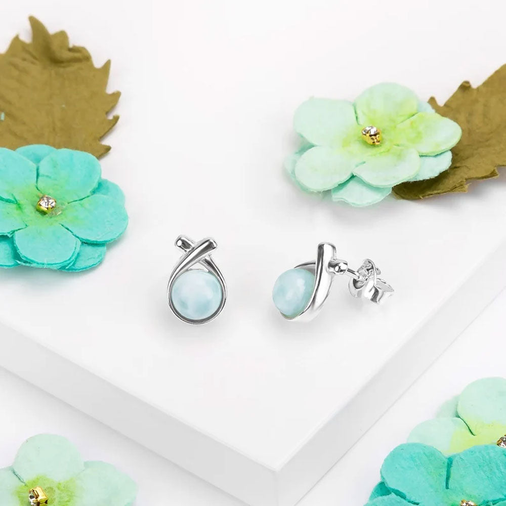 Natural Larimar Gemstone Brass Stud Earrings Handmade