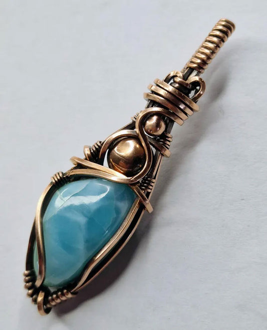 Larimar Gemstone Copper Wire Wrapped Pendant Handmade