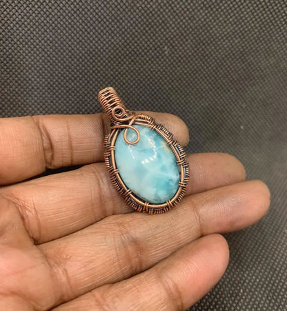 Natural Larimar Gemstone Handmade Copper Pendant