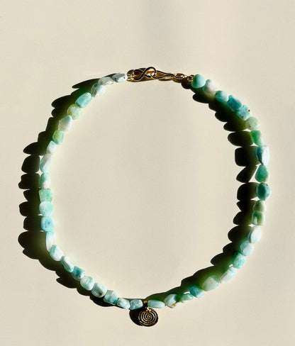 Handmade Larimar Beads Necklace with Brass Chain
