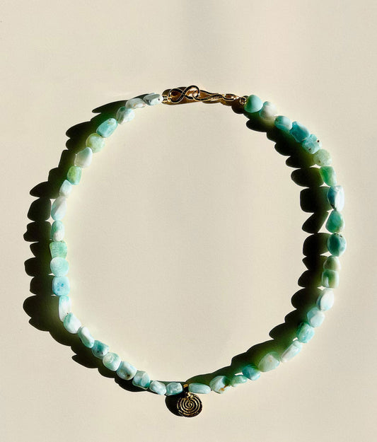 Handmade Larimar Beads Necklace with Brass Chain