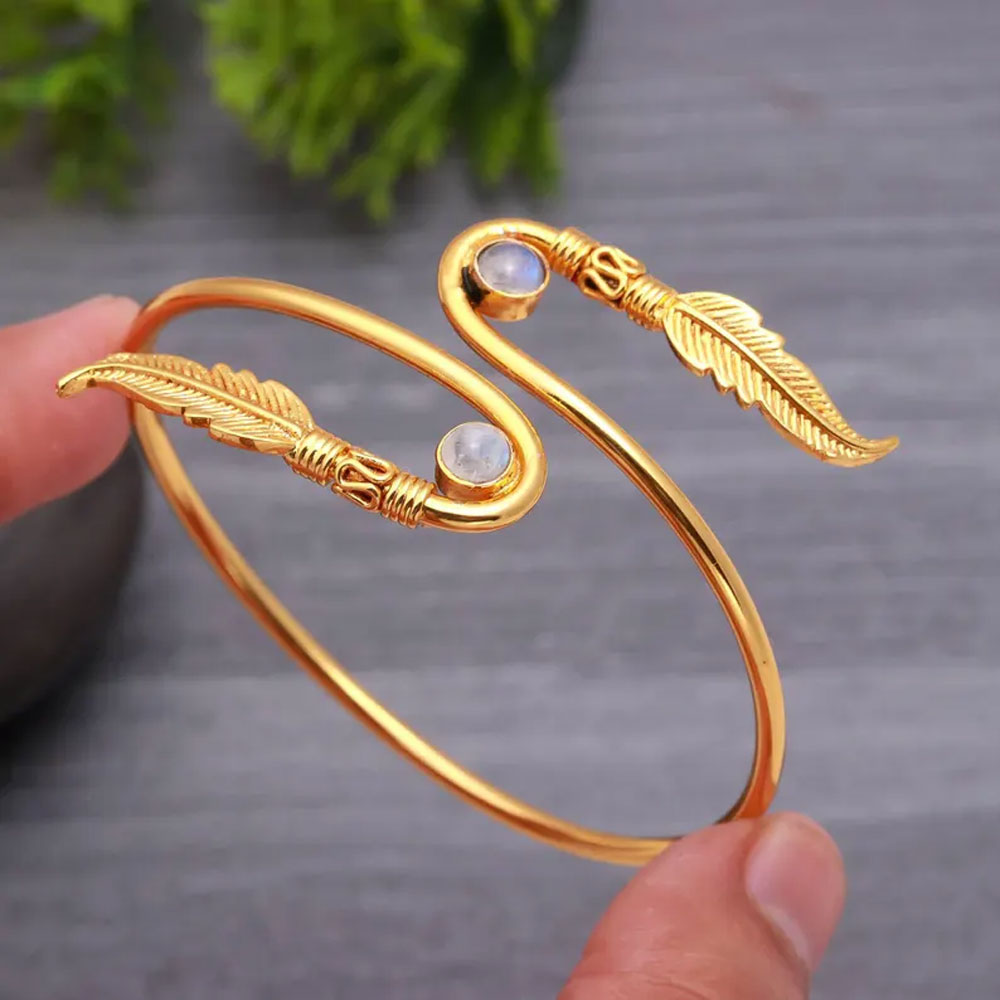 Boho Gold Feather Bypass Bangle with Moonstone Accents