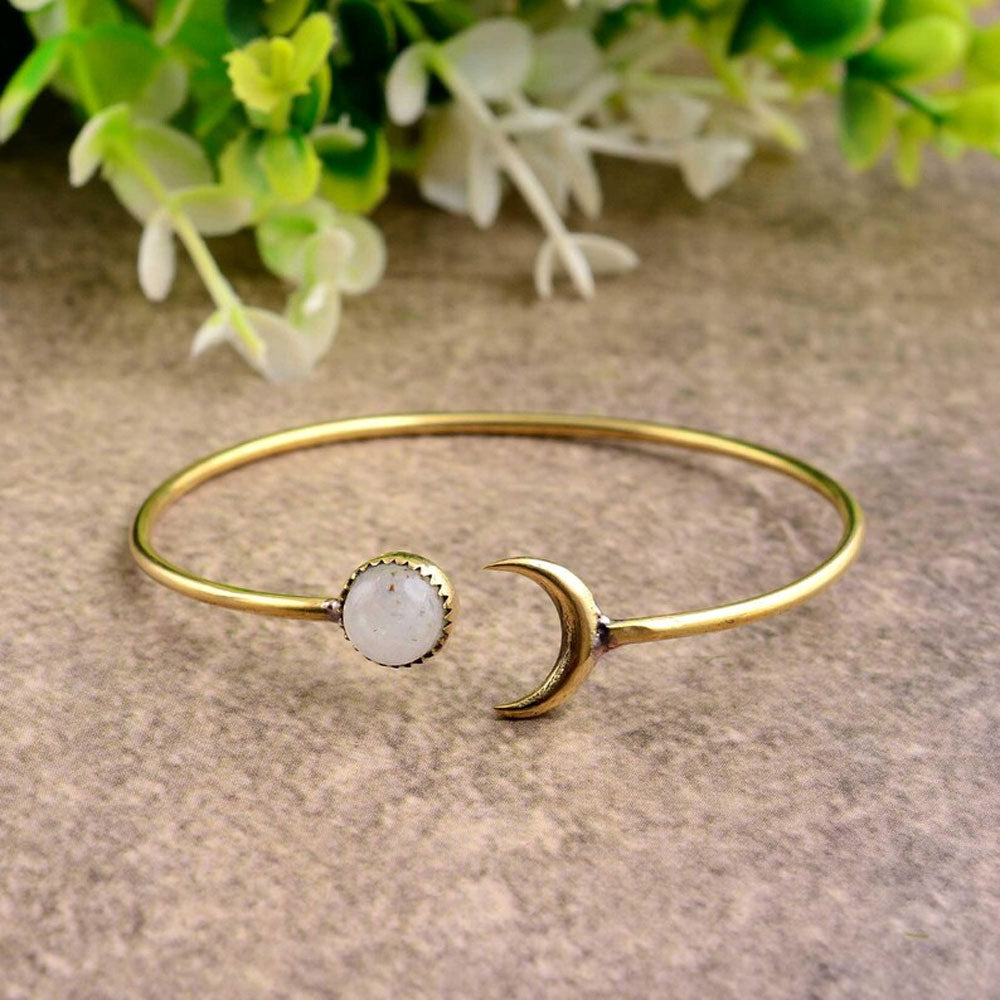Gold Moon & Star Bangle - Moonstone Celestial Bracelet