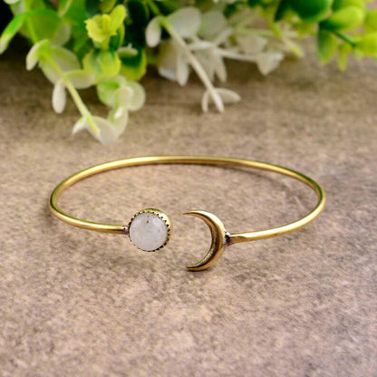 Gold Moon & Star Bangle - Moonstone Celestial Bracelet