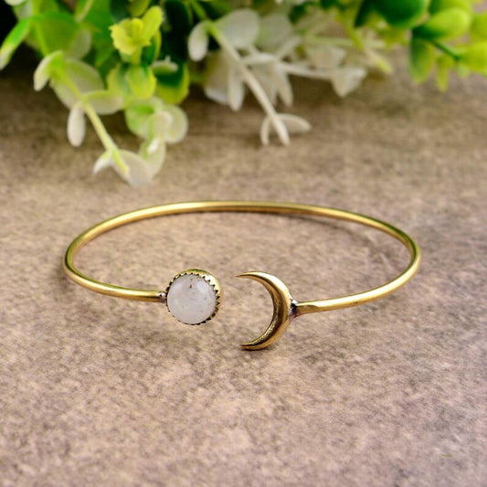 Gold Moon & Star Bangle - Moonstone Celestial Bracelet
