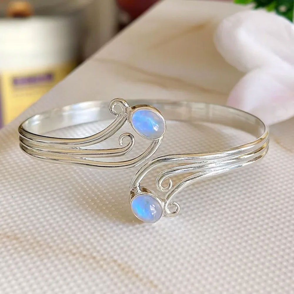 Silver Wave Cuff Bracelet with Blue Moonstone Cabochons