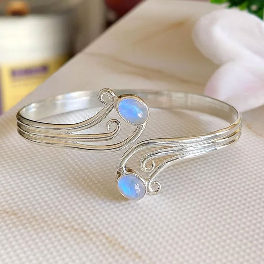 Silver Wave Cuff Bracelet with Blue Moonstone Cabochons