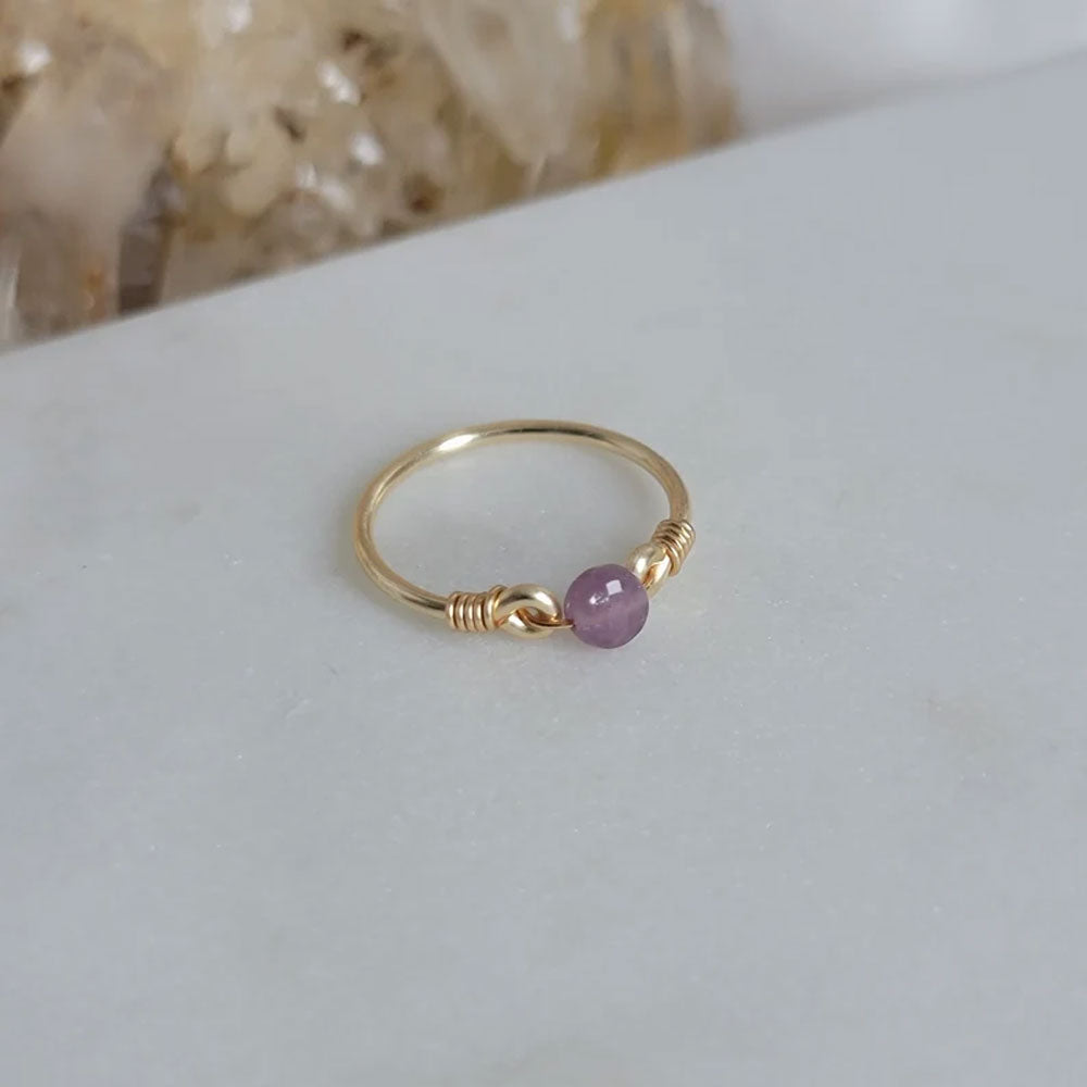 Gold Wire-Wrapped Amethyst Bead Ring - Dainty Jewelry