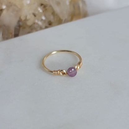 Gold Wire-Wrapped Amethyst Bead Ring - Dainty Jewelry
