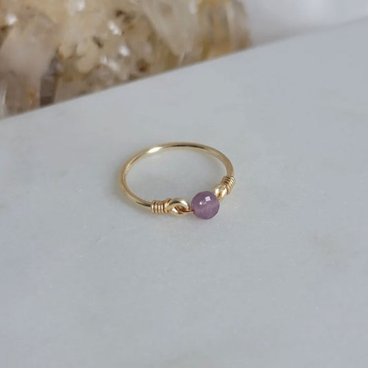 Gold Wire-Wrapped Amethyst Bead Ring - Dainty Jewelry