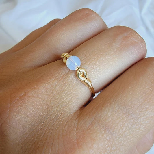Gold Wire Knot Ring with Opalite Moonstone Bead
