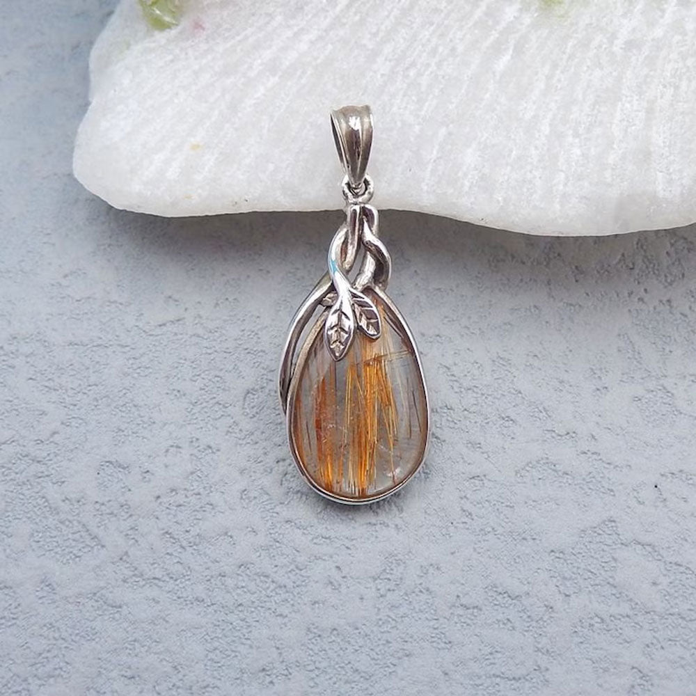 Golden Rutile Gemstone Brass Pendant Pear Shape 10X15mm