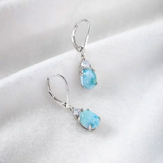 Handmade Brass Hoop Earring Larimar Gemstone Pair