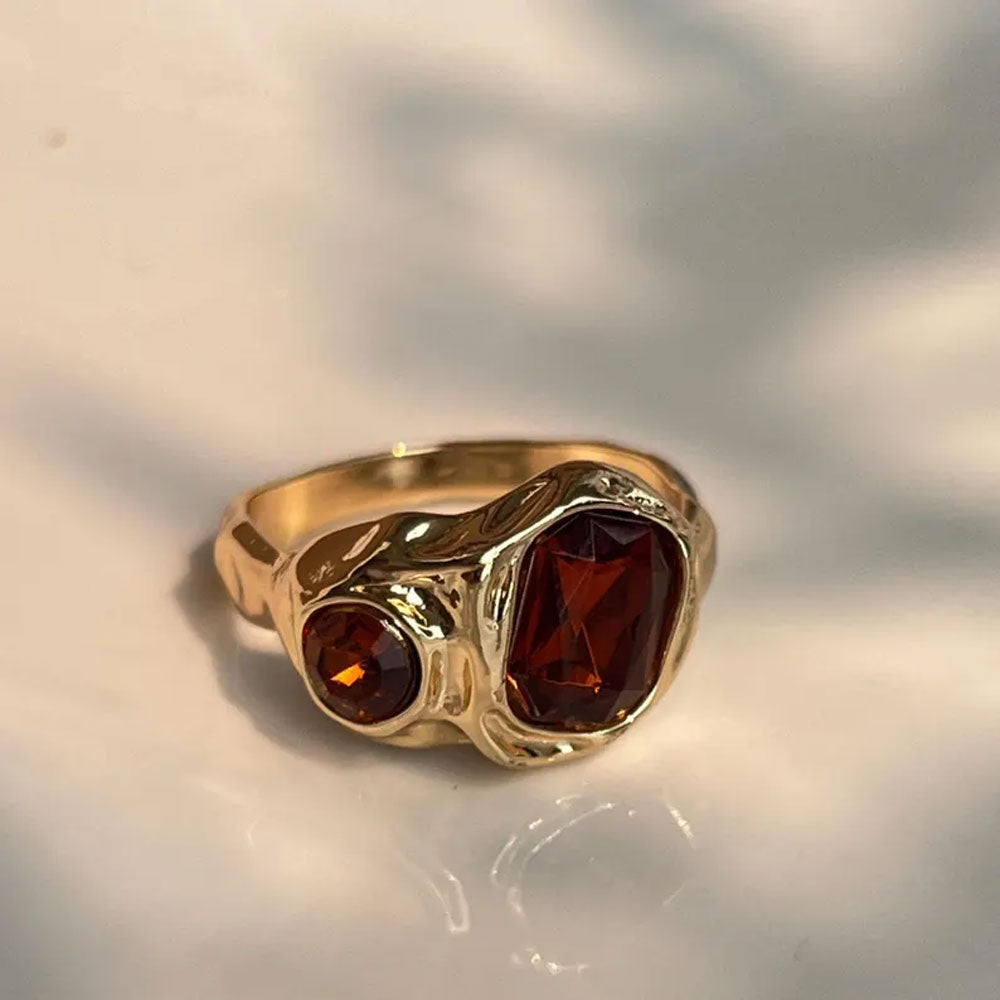 Gold Organic Band Ring with Dual Garnet Gemstones