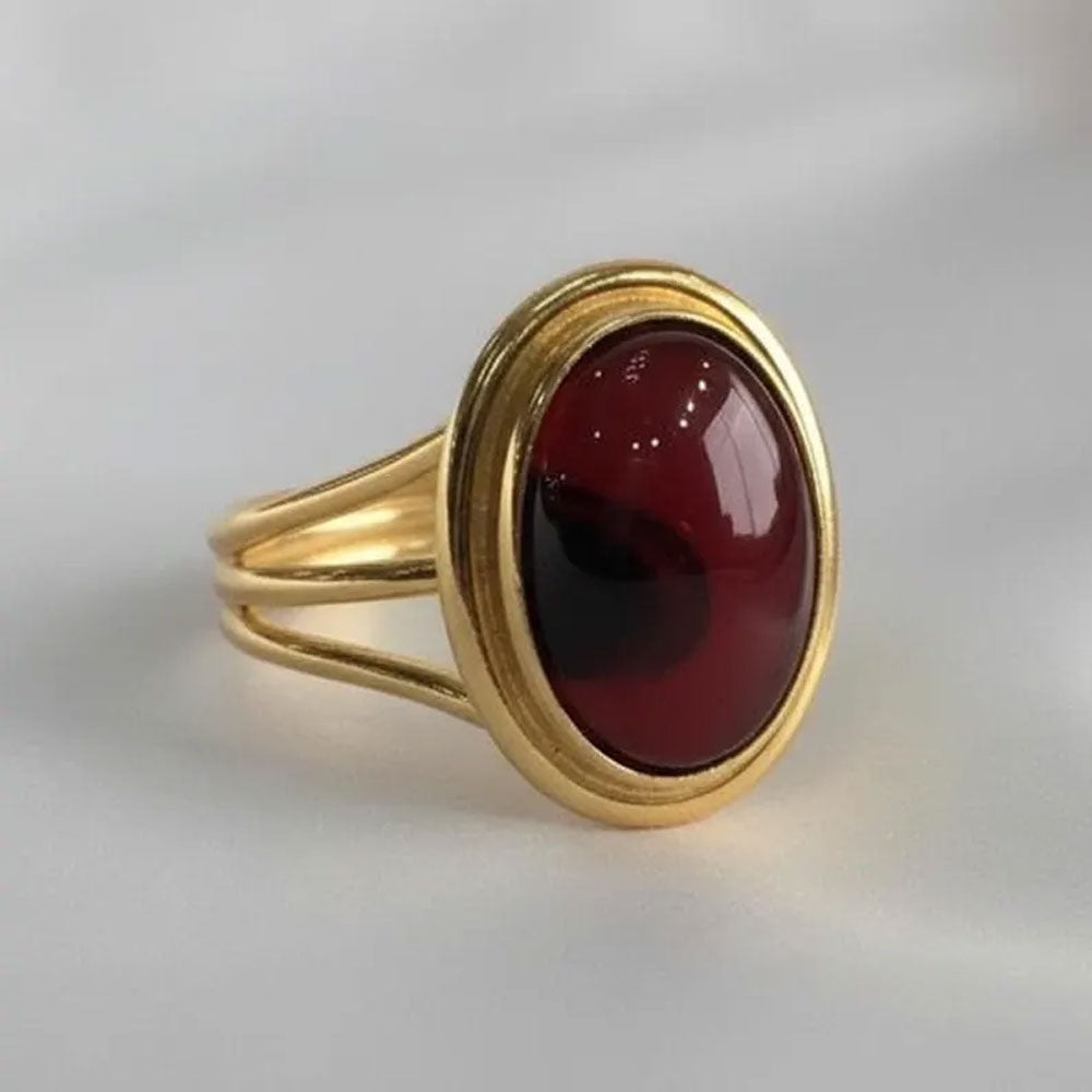 Classic Gold Triple-Band Ring with Oval Garnet