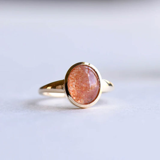 Gold Solitaire Ring with Polished Sunstone Gemstone
